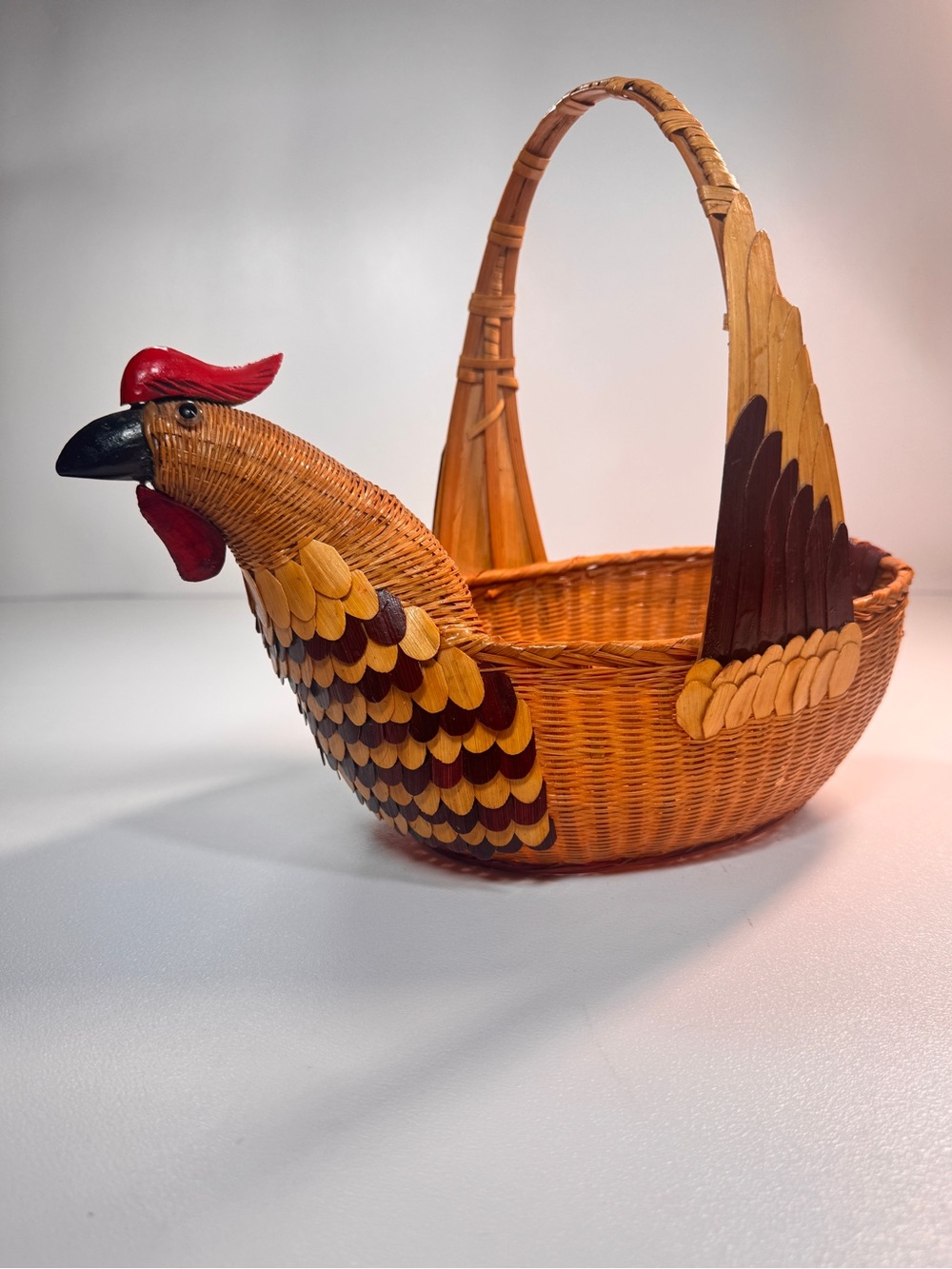 Vintage 1970s Rooster Basket Wicker Rattan Bamboo Egg Gathering Folk Art